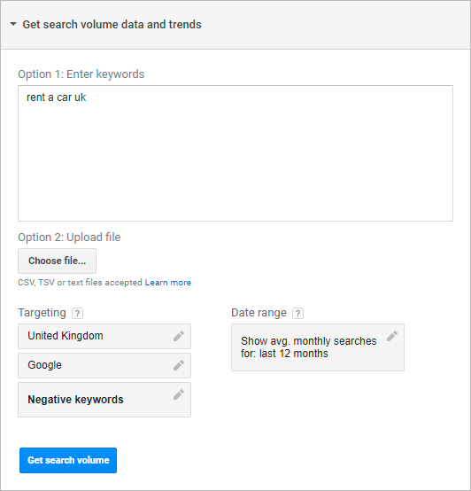 search volume in google keyword planner