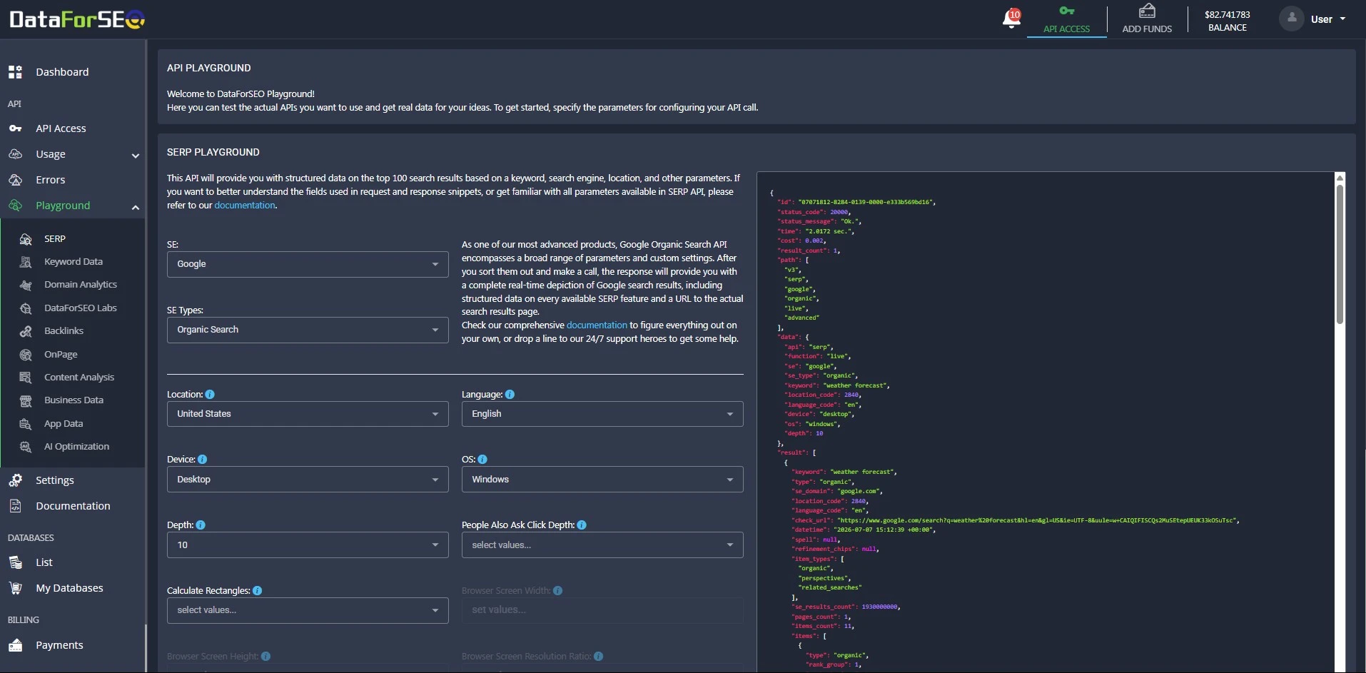 DataForSEO Dashboard: how to find everything and more 1 dataforseo dashboard playground test