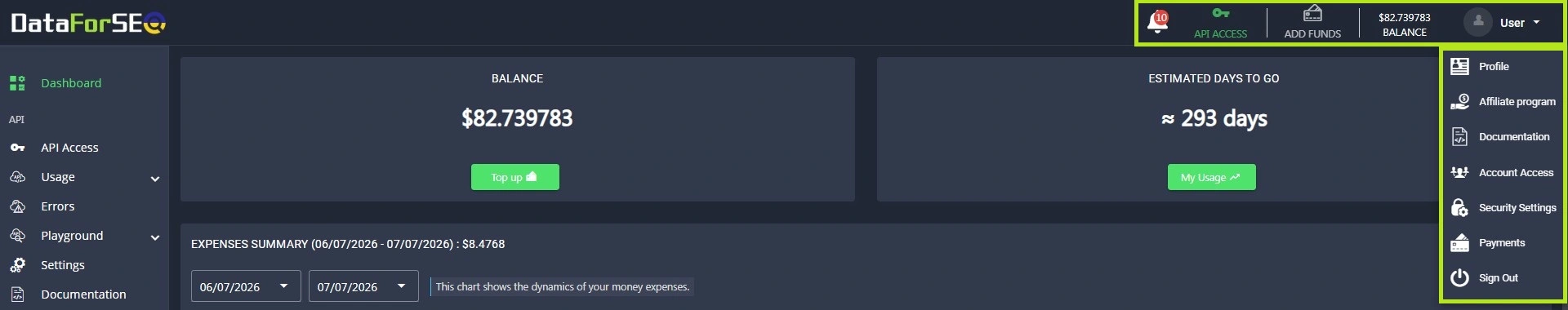 DataForSEO Dashboard: how to find everything and more 9 dataforseo dashboard quick actions