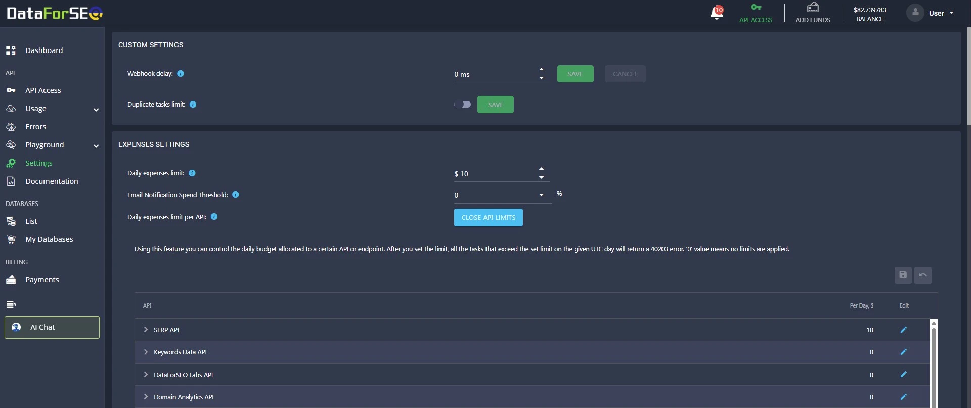 DataForSEO Dashboard: how to find everything and more 5 dataforseo dashboard settings