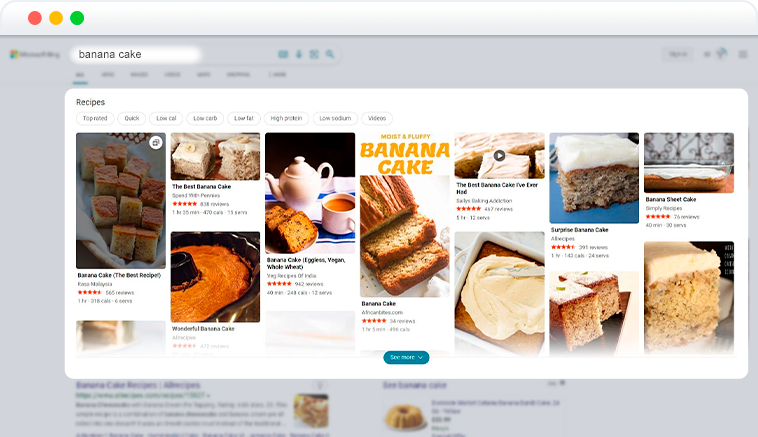 Recipes SERP feature on Bing