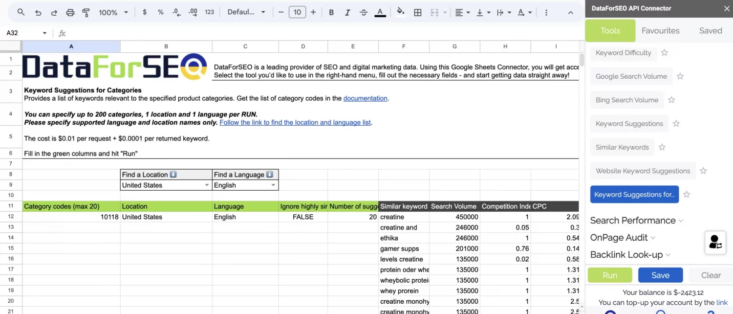 DFS Connector 2 DataForSEO Keyword Research