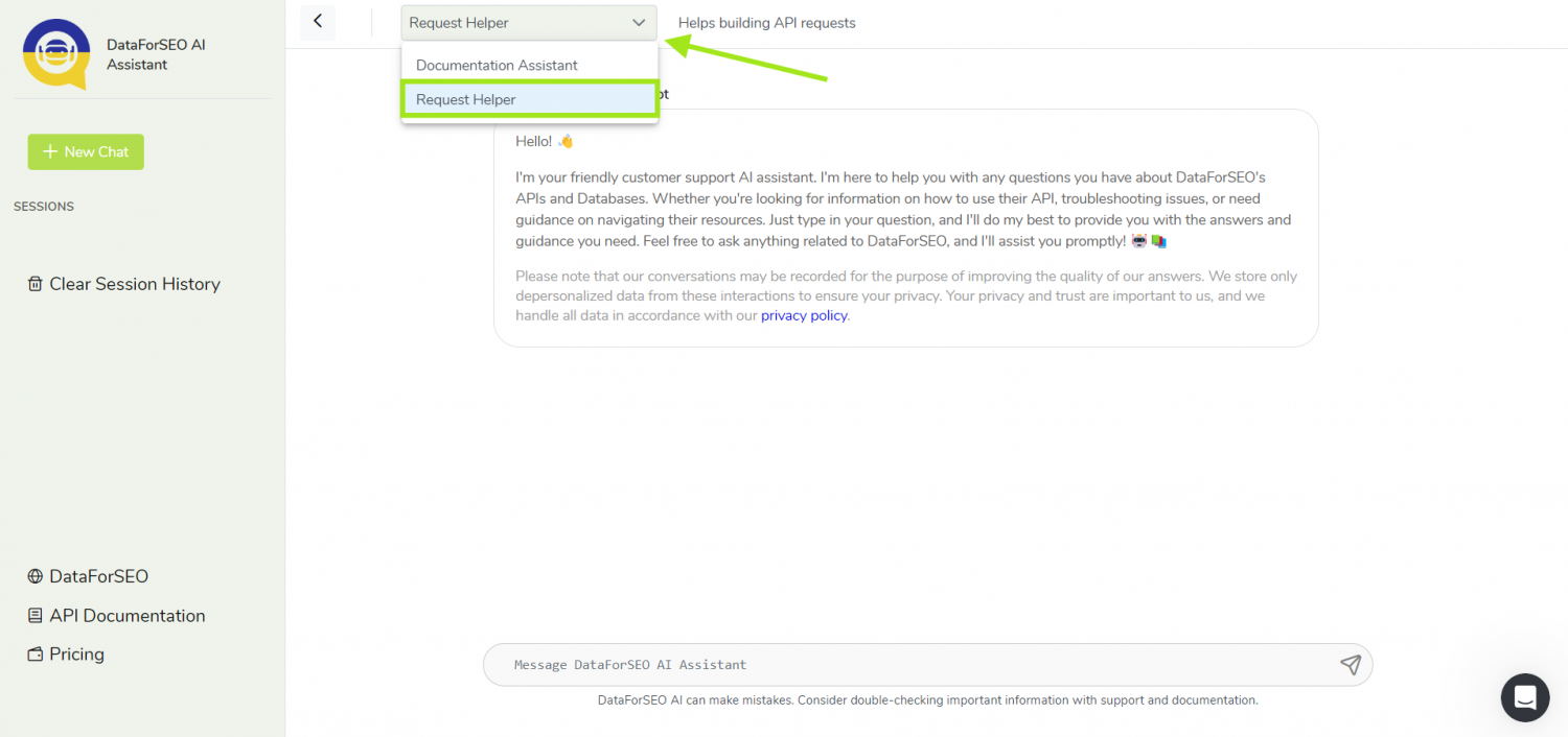 API Request Helper in DataForSEO AI Assistant – DataForSEO