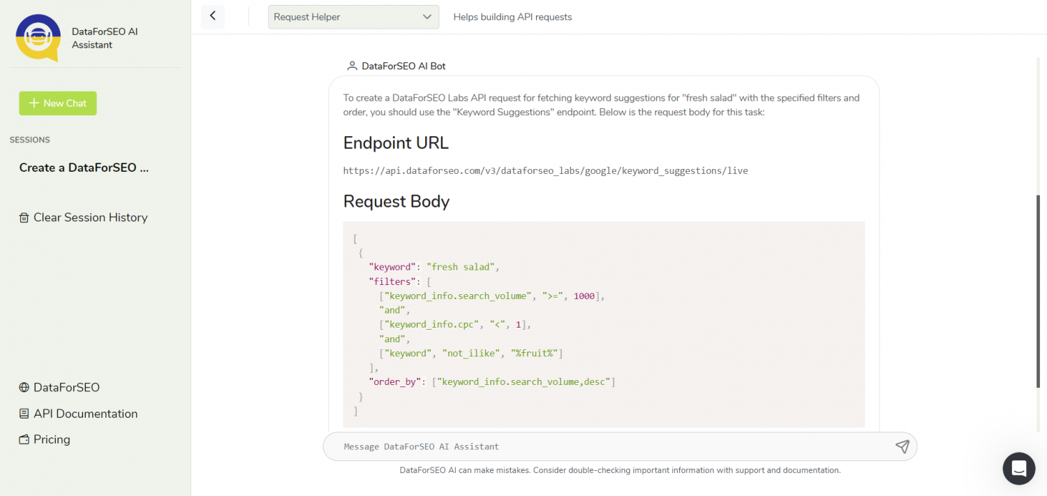 API Request Helper in DataForSEO AI Assistant – DataForSEO